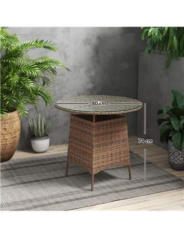 Outsunny Wicker Garden Rattan Table, Patio Furniture Outdoor Coffee Table with Umbrella Hole and Tempered Glass Top, Brown