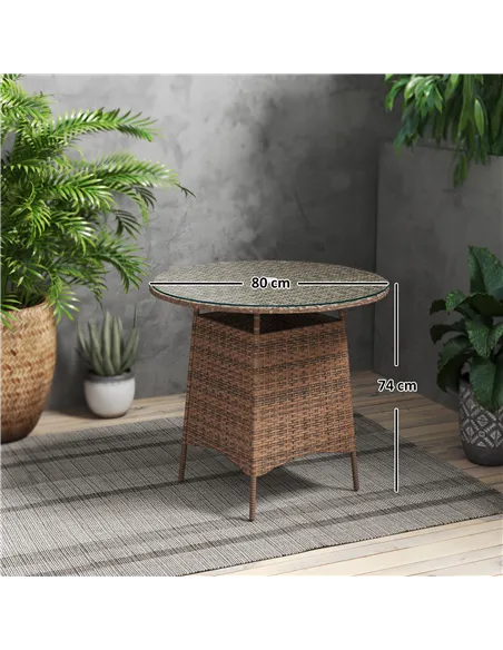 Outsunny Wicker Garden Rattan Table, Patio Furniture Outdoor Coffee Table with Umbrella Hole and Tempered Glass Top, Brown