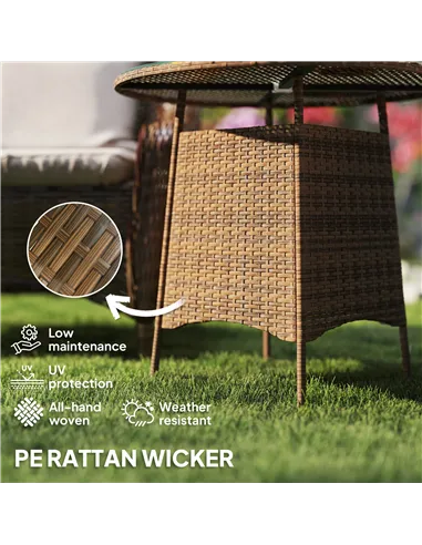 Outsunny Wicker Garden Rattan Table, Patio Furniture Outdoor Coffee Table with Umbrella Hole and Tempered Glass Top, Brown