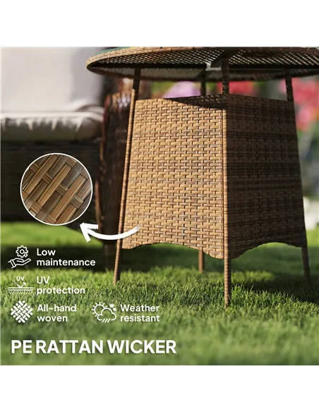 Outsunny Wicker Garden Rattan Table, Patio Furniture Outdoor Coffee Table with Umbrella Hole and Tempered Glass Top, Brown