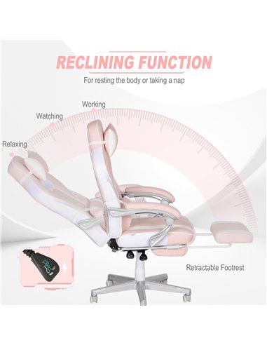 HOMCOM Faux Leather Reclining Gaming Chair, with Footrest - Pink/White