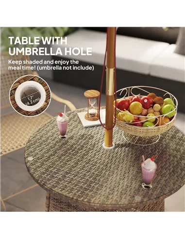 Outsunny Wicker Garden Rattan Table, Patio Furniture Outdoor Coffee Table with Umbrella Hole and Tempered Glass Top, Brown