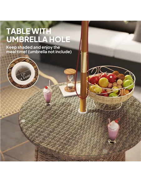 Outsunny Wicker Garden Rattan Table, Patio Furniture Outdoor Coffee Table with Umbrella Hole and Tempered Glass Top, Brown