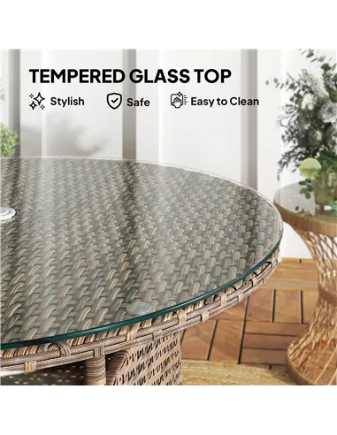 Outsunny Wicker Garden Rattan Table, Patio Furniture Outdoor Coffee Table with Umbrella Hole and Tempered Glass Top, Brown
