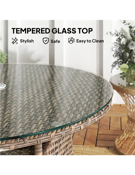 Outsunny Wicker Garden Rattan Table, Patio Furniture Outdoor Coffee Table with Umbrella Hole and Tempered Glass Top, Brown