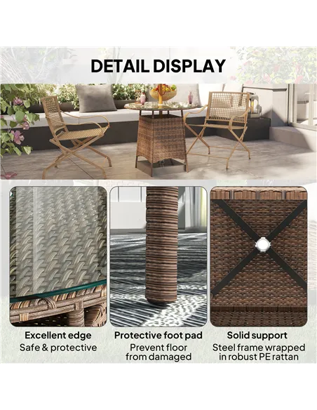 Outsunny Wicker Garden Rattan Table, Patio Furniture Outdoor Coffee Table with Umbrella Hole and Tempered Glass Top, Brown