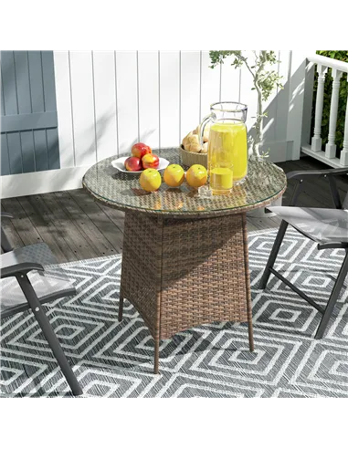 Outsunny Wicker Garden Rattan Table, Patio Furniture Outdoor Coffee Table with Umbrella Hole and Tempered Glass Top, Brown