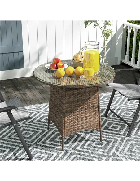 Outsunny Wicker Garden Rattan Table, Patio Furniture Outdoor Coffee Table with Umbrella Hole and Tempered Glass Top, Brown