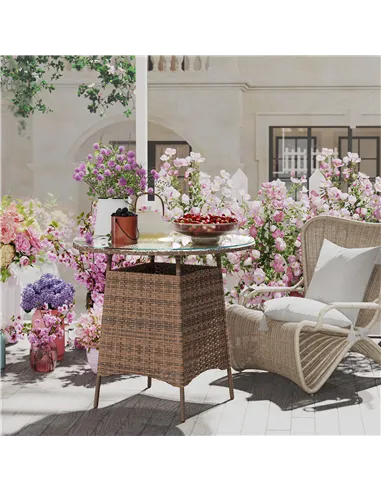 Outsunny Wicker Garden Rattan Table, Patio Furniture Outdoor Coffee Table with Umbrella Hole and Tempered Glass Top, Brown