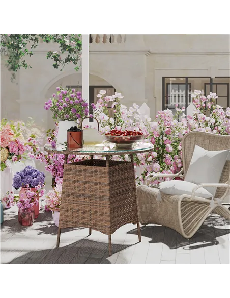 Outsunny Wicker Garden Rattan Table, Patio Furniture Outdoor Coffee Table with Umbrella Hole and Tempered Glass Top, Brown