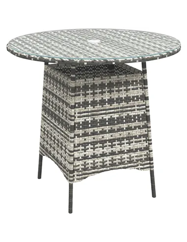Outsunny Wicker Garden Rattan Table, Patio Furniture Outdoor Coffee Table with Umbrella Hole and Tempered Glass Top, Grey