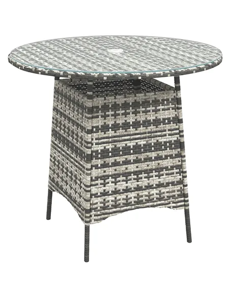 Outsunny Wicker Garden Rattan Table, Patio Furniture Outdoor Coffee Table with Umbrella Hole and Tempered Glass Top, Grey