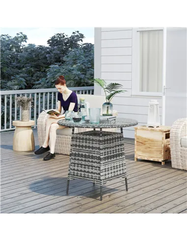 Outsunny Wicker Garden Rattan Table, Patio Furniture Outdoor Coffee Table with Umbrella Hole and Tempered Glass Top, Grey