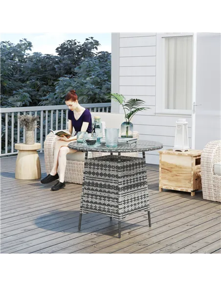 Outsunny Wicker Garden Rattan Table, Patio Furniture Outdoor Coffee Table with Umbrella Hole and Tempered Glass Top, Grey