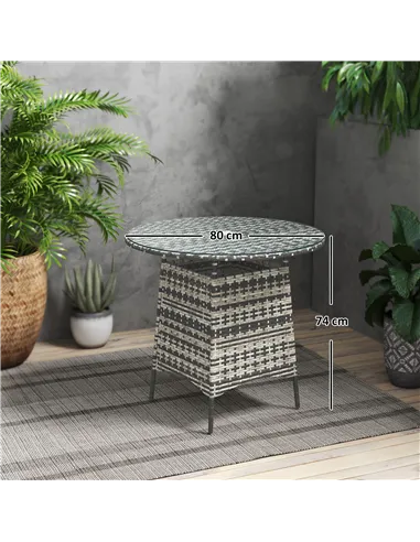 Outsunny Wicker Garden Rattan Table, Patio Furniture Outdoor Coffee Table with Umbrella Hole and Tempered Glass Top, Grey