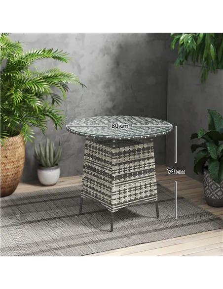 Outsunny Wicker Garden Rattan Table, Patio Furniture Outdoor Coffee Table with Umbrella Hole and Tempered Glass Top, Grey