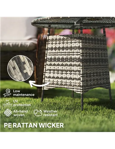 Outsunny Wicker Garden Rattan Table, Patio Furniture Outdoor Coffee Table with Umbrella Hole and Tempered Glass Top, Grey