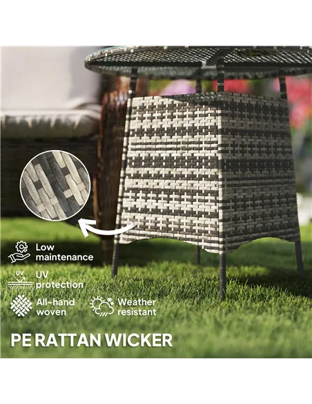 Outsunny Wicker Garden Rattan Table, Patio Furniture Outdoor Coffee Table with Umbrella Hole and Tempered Glass Top, Grey