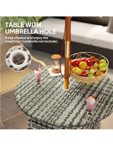 Outsunny Wicker Garden Rattan Table, Patio Furniture Outdoor Coffee Table with Umbrella Hole and Tempered Glass Top, Grey