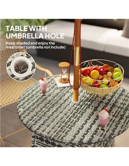 Outsunny Wicker Garden Rattan Table, Patio Furniture Outdoor Coffee Table with Umbrella Hole and Tempered Glass Top, Grey