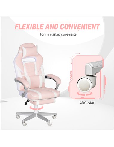 HOMCOM Faux Leather Reclining Gaming Chair, with Footrest - Pink/White