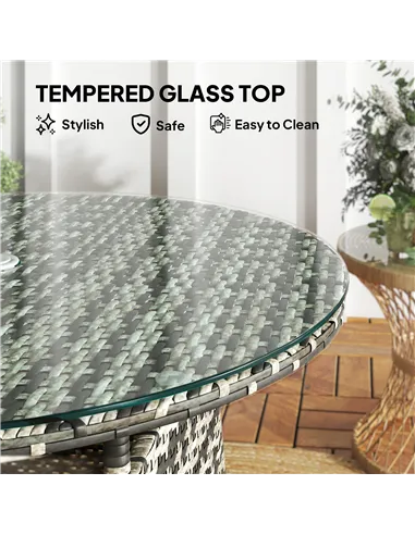 Outsunny Wicker Garden Rattan Table, Patio Furniture Outdoor Coffee Table with Umbrella Hole and Tempered Glass Top, Grey