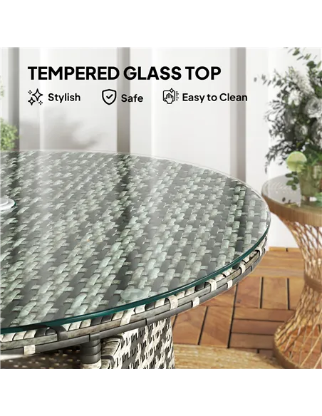 Outsunny Wicker Garden Rattan Table, Patio Furniture Outdoor Coffee Table with Umbrella Hole and Tempered Glass Top, Grey