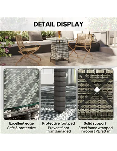 Outsunny Wicker Garden Rattan Table, Patio Furniture Outdoor Coffee Table with Umbrella Hole and Tempered Glass Top, Grey