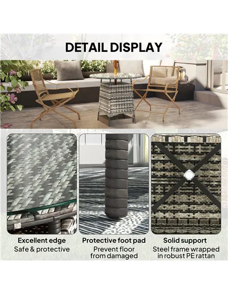 Outsunny Wicker Garden Rattan Table, Patio Furniture Outdoor Coffee Table with Umbrella Hole and Tempered Glass Top, Grey