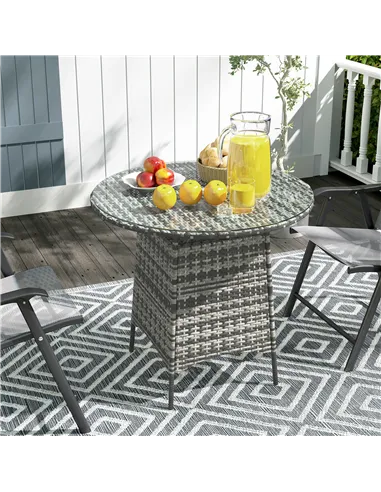 Outsunny Wicker Garden Rattan Table, Patio Furniture Outdoor Coffee Table with Umbrella Hole and Tempered Glass Top, Grey