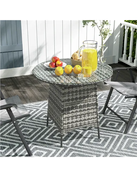 Outsunny Wicker Garden Rattan Table, Patio Furniture Outdoor Coffee Table with Umbrella Hole and Tempered Glass Top, Grey