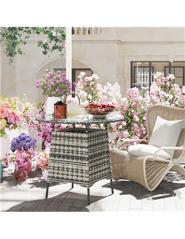 Outsunny Wicker Garden Rattan Table, Patio Furniture Outdoor Coffee Table with Umbrella Hole and Tempered Glass Top, Grey