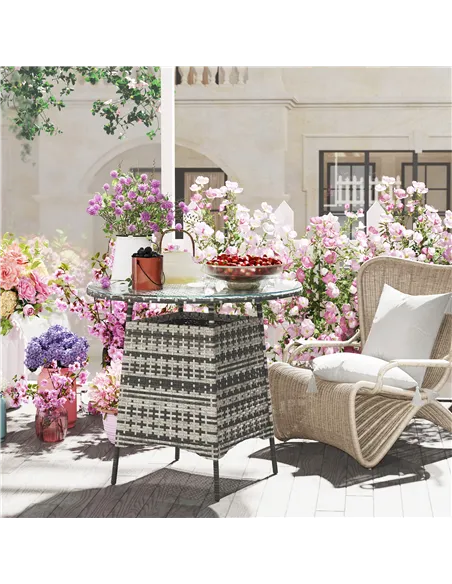 Outsunny Wicker Garden Rattan Table, Patio Furniture Outdoor Coffee Table with Umbrella Hole and Tempered Glass Top, Grey