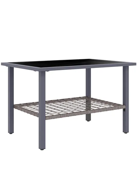Outsunny Outdoor Rattan Coffee Table with Tempered Glass Top, Storage Shelf, Foot Pads, for Patio, Balcony, Mixed-grey