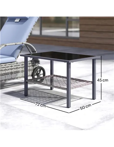 Outsunny Outdoor Rattan Coffee Table with Tempered Glass Top, Storage Shelf, Foot Pads, for Patio, Balcony, Mixed-grey