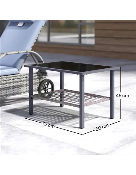 Outsunny Outdoor Rattan Coffee Table with Tempered Glass Top, Storage Shelf, Foot Pads, for Patio, Balcony, Mixed-grey