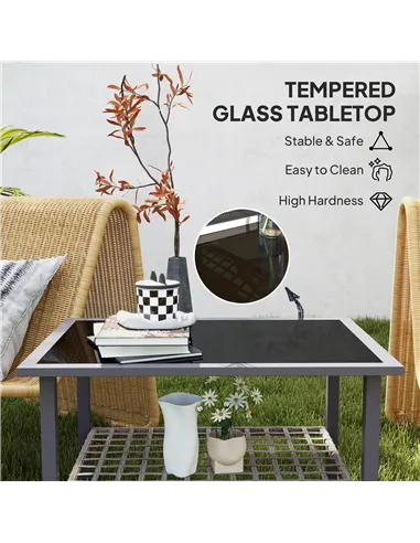 Outsunny Outdoor Rattan Coffee Table with Tempered Glass Top, Storage Shelf, Foot Pads, for Patio, Balcony, Mixed-grey