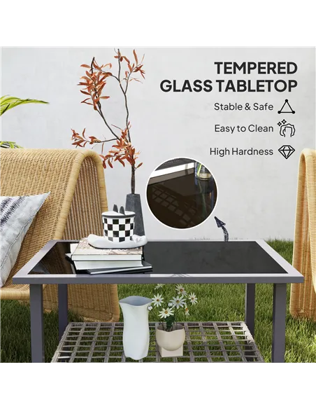 Outsunny Outdoor Rattan Coffee Table with Tempered Glass Top, Storage Shelf, Foot Pads, for Patio, Balcony, Mixed-grey