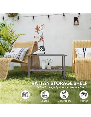 Outsunny Outdoor Rattan Coffee Table with Tempered Glass Top, Storage Shelf, Foot Pads, for Patio, Balcony, Mixed-grey