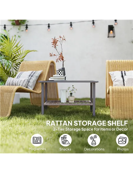 Outsunny Outdoor Rattan Coffee Table with Tempered Glass Top, Storage Shelf, Foot Pads, for Patio, Balcony, Mixed-grey
