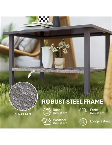 Outsunny Outdoor Rattan Coffee Table with Tempered Glass Top, Storage Shelf, Foot Pads, for Patio, Balcony, Mixed-grey