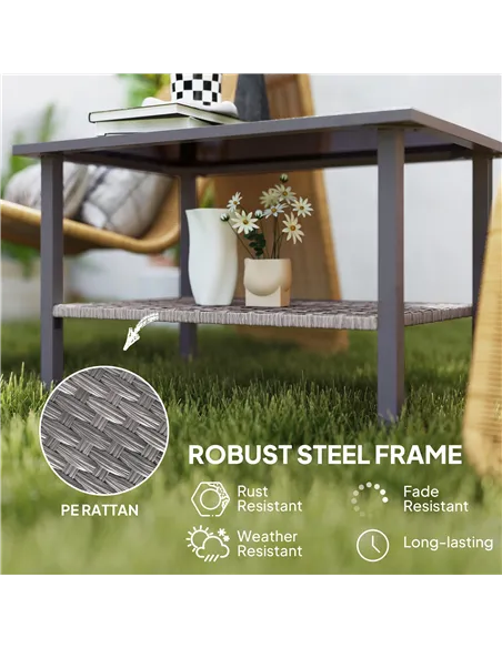 Outsunny Outdoor Rattan Coffee Table with Tempered Glass Top, Storage Shelf, Foot Pads, for Patio, Balcony, Mixed-grey