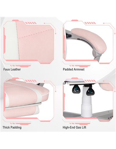 HOMCOM Faux Leather Reclining Gaming Chair, with Footrest - Pink/White