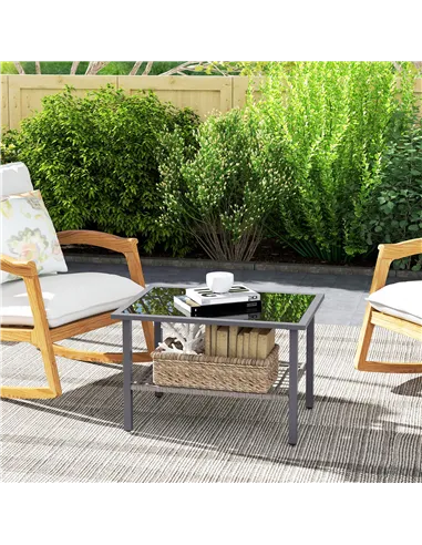 Outsunny Outdoor Rattan Coffee Table with Tempered Glass Top, Storage Shelf, Foot Pads, for Patio, Balcony, Mixed-grey