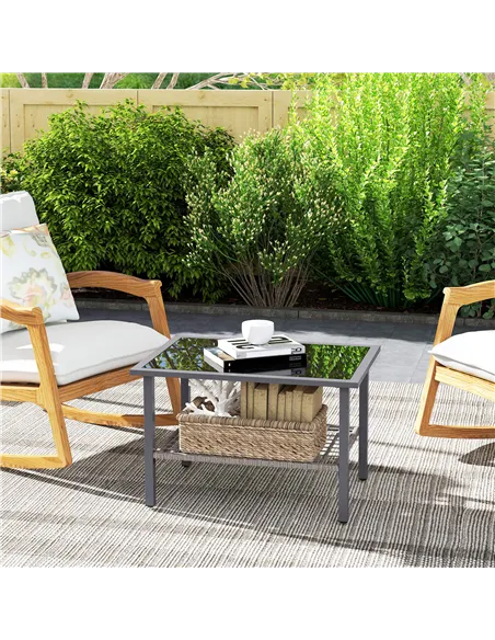 Outsunny Outdoor Rattan Coffee Table with Tempered Glass Top, Storage Shelf, Foot Pads, for Patio, Balcony, Mixed-grey