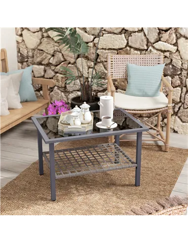 Outsunny Outdoor Rattan Coffee Table with Tempered Glass Top, Storage Shelf, Foot Pads, for Patio, Balcony, Mixed-grey