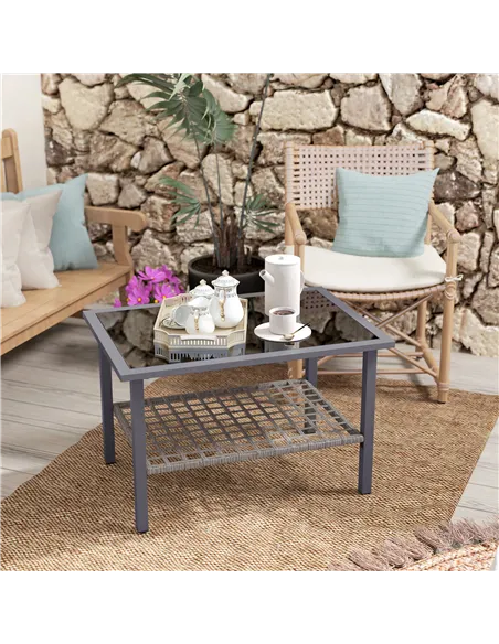 Outsunny Outdoor Rattan Coffee Table with Tempered Glass Top, Storage Shelf, Foot Pads, for Patio, Balcony, Mixed-grey