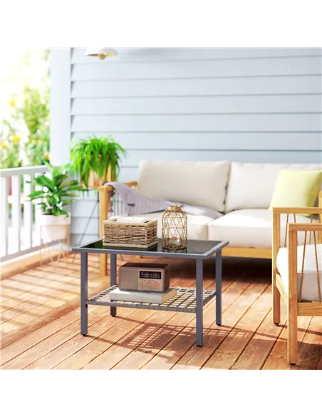 Outsunny Outdoor Rattan Coffee Table with Tempered Glass Top, Storage Shelf, Foot Pads, for Patio, Balcony, Mixed-grey