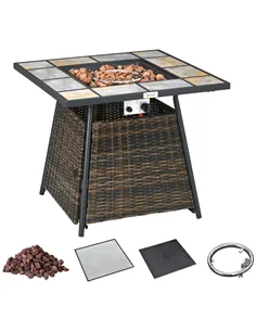 Outsunny Square Outdoor PE Rattan Fire Pit Table Gas Burner Heater w/ Control Panel, Slate Top, Lid and Lava Rocks, 50,000 BTU