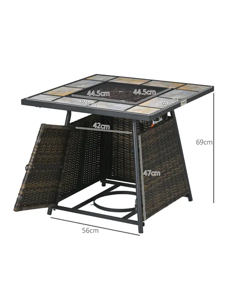 Outsunny Square Outdoor PE Rattan Fire Pit Table Gas Burner Heater w/ Control Panel, Slate Top, Lid and Lava Rocks, 50,000 BTU